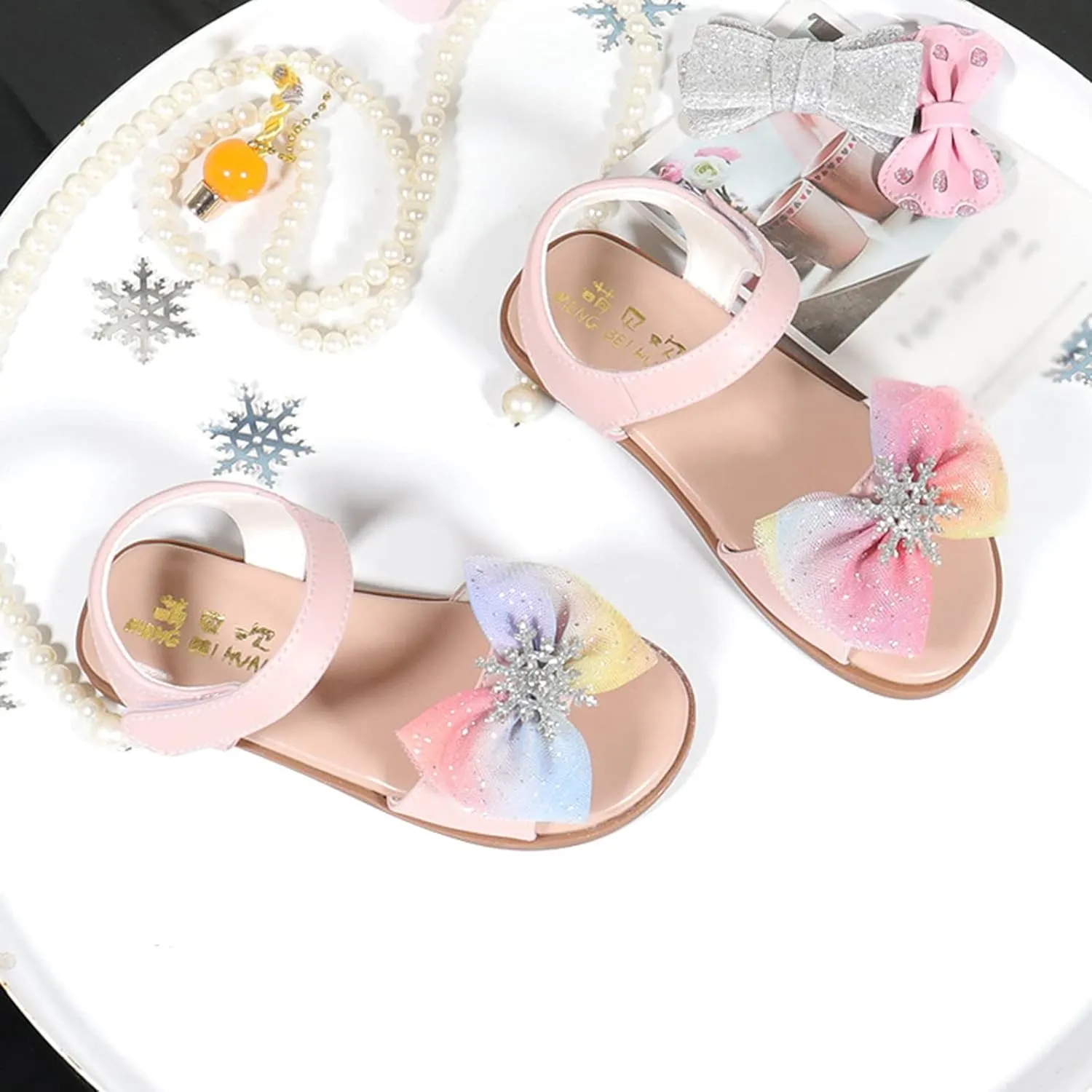 Girls Kids Bow Glitter Sandals Open Toe Rubber Sole Footbed Summer Dress Shoes Baby Toddler Flat Princess Sandals