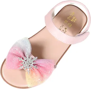 Girls Kids Bow Glitter Sandals Open Toe Rubber Sole Footbed Summer Dress Shoes Baby Toddler Flat Princess Sandals