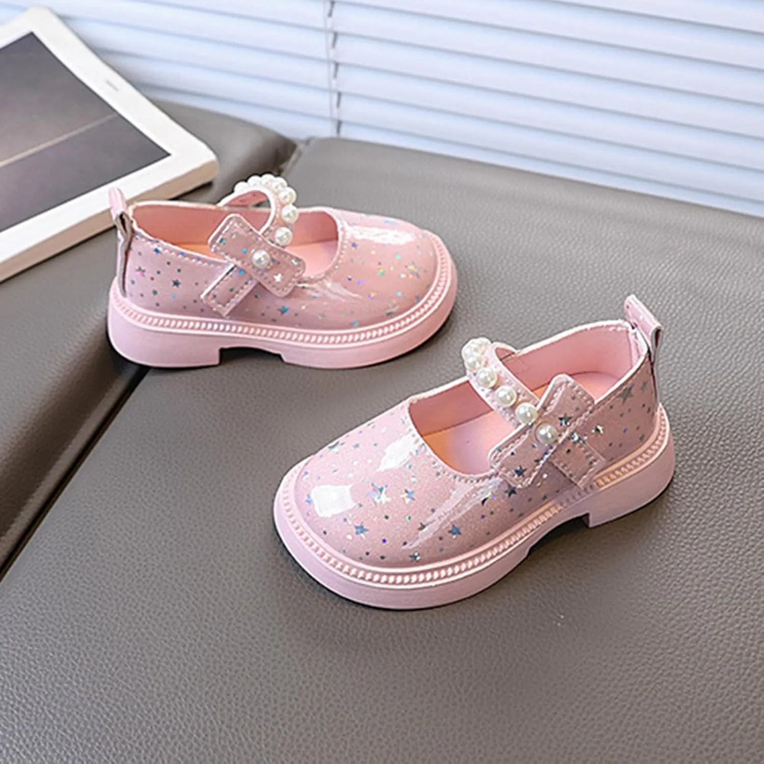 Girls Princess Leather Sequins Sandals Sole Rubber Pearl Strap Mary Jane Shoes Toddler Kids School Dance Uniform Shoes