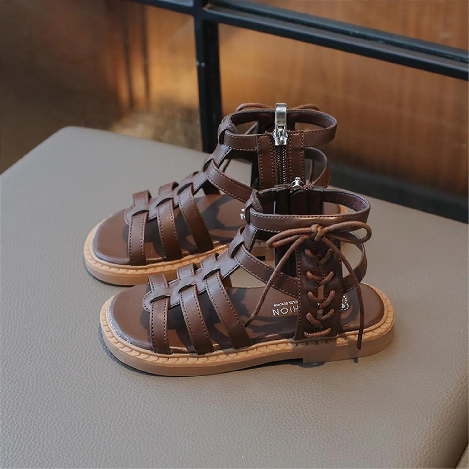 Girls Sandal Lace Up Ankle Strappy Flat Sandals Kids Side Zipper Open Toe Dress Shoes Summer Hollow Walking Shoes