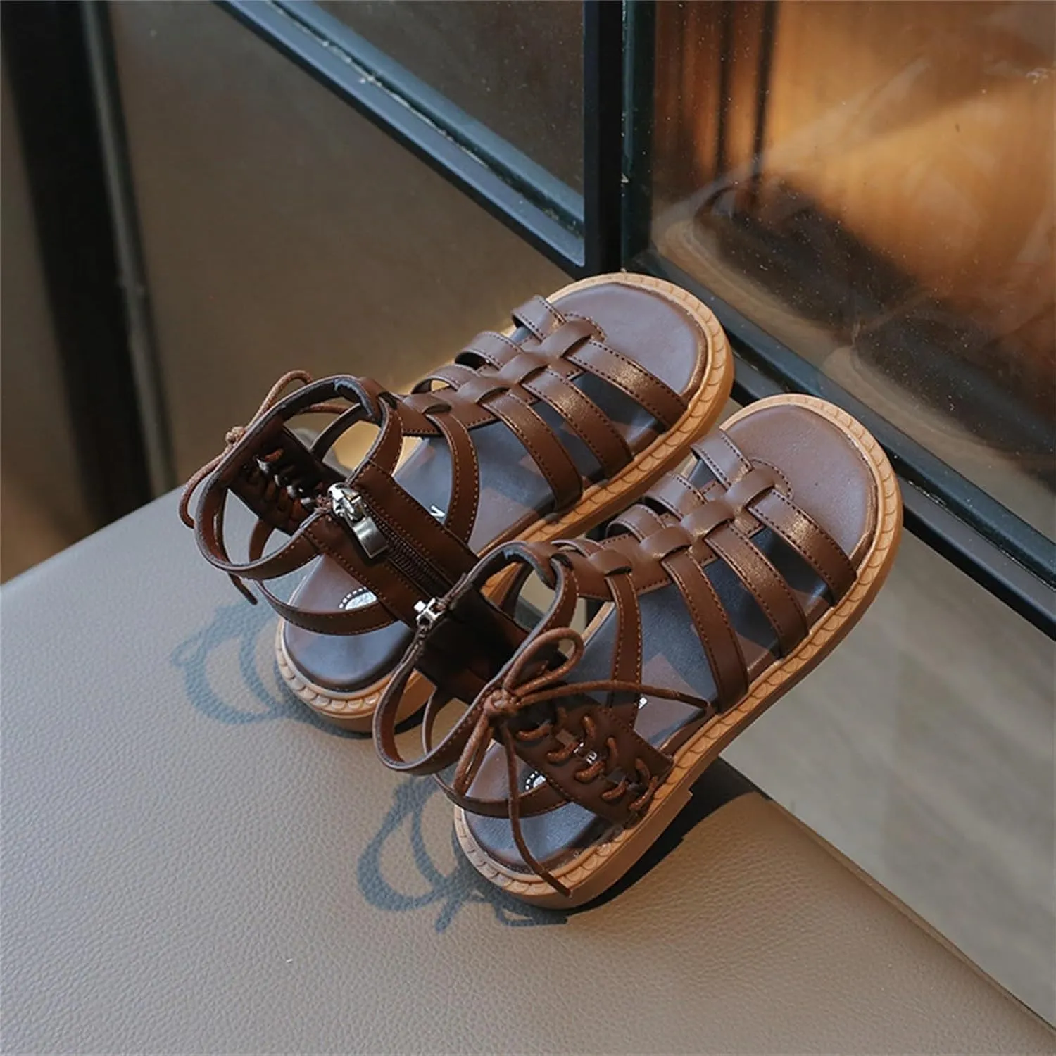 Girls Sandal Lace Up Ankle Strappy Flat Sandals Kids Side Zipper Open Toe Dress Shoes Summer Hollow Walking Shoes