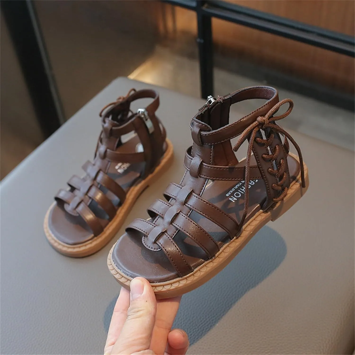 Girls Sandal Lace Up Ankle Strappy Flat Sandals Kids Side Zipper Open Toe Dress Shoes Summer Hollow Walking Shoes