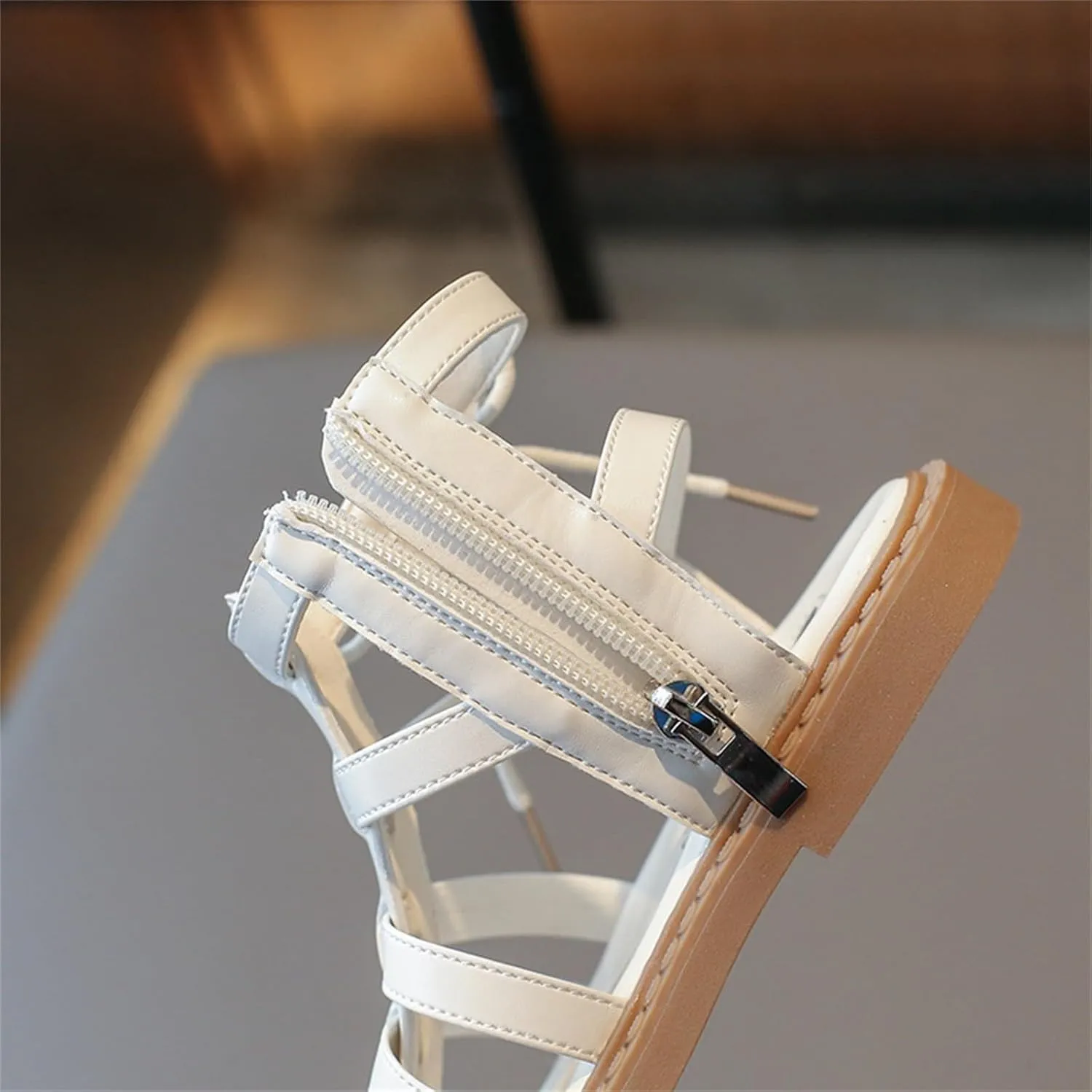 Girls Sandal Lace Up Ankle Strappy Flat Sandals Kids Side Zipper Open Toe Dress Shoes Summer Hollow Walking Shoes