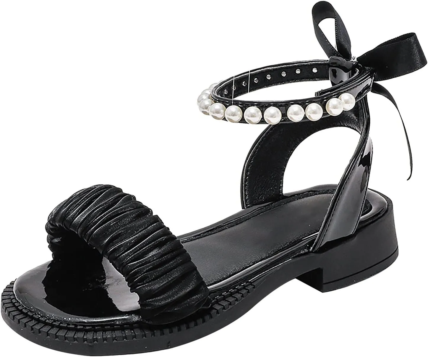 Girls Sandals Kids Open Toe Ankle Strap Dress Shoes For Wedding Party Pearl Low Heel Round Toe Sandal For Toddler