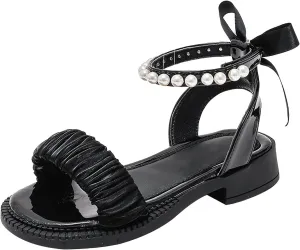 Girls Sandals Kids Open Toe Ankle Strap Dress Shoes For Wedding Party Pearl Low Heel Round Toe Sandal For Toddler