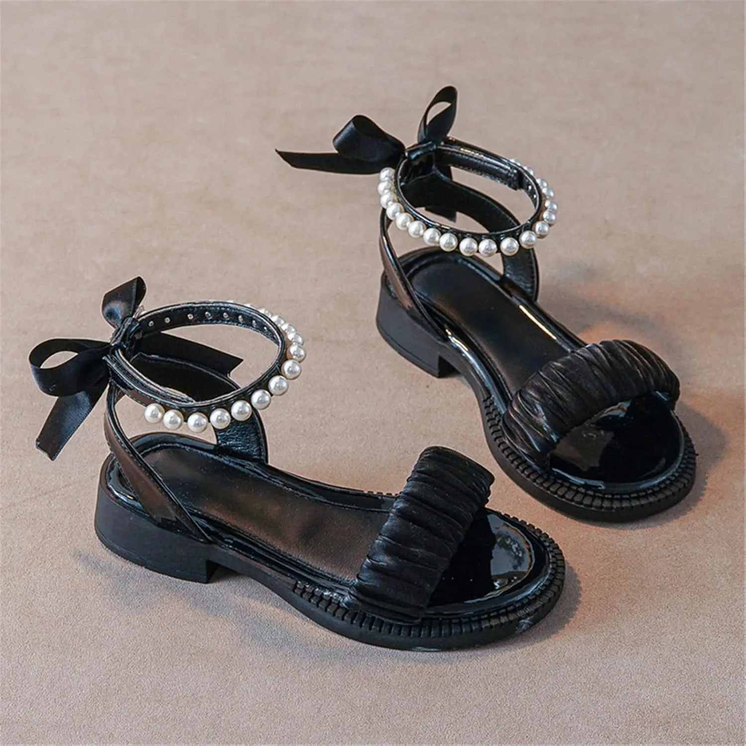 Girls Sandals Kids Open Toe Ankle Strap Dress Shoes For Wedding Party Pearl Low Heel Round Toe Sandal For Toddler