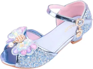 Girl's Sparkle Party Wedding Sandals Bow Strap Glitter Low Heel Princess Dress Shoes for Toddler Little/Big Kid