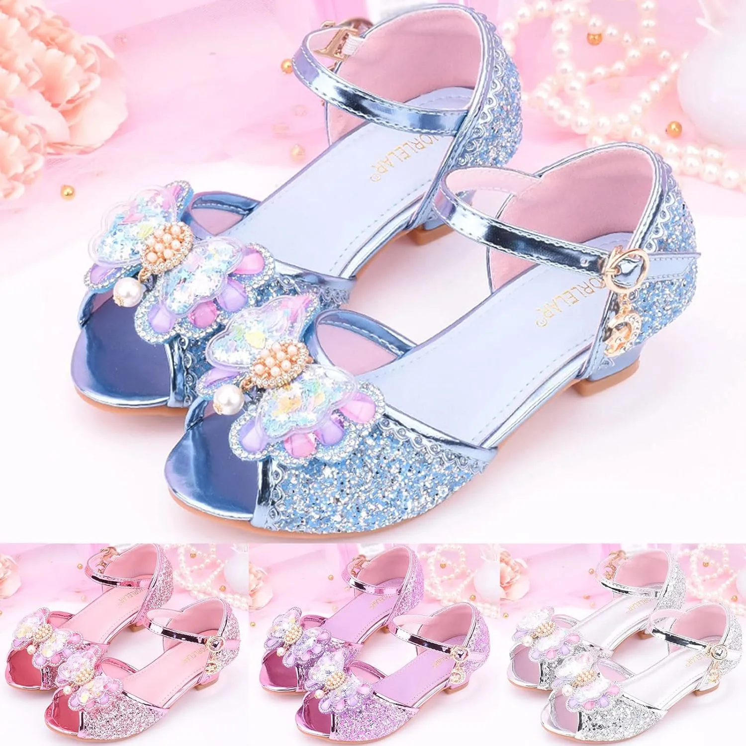 Girl's Sparkle Party Wedding Sandals Bow Strap Glitter Low Heel Princess Dress Shoes for Toddler Little/Big Kid