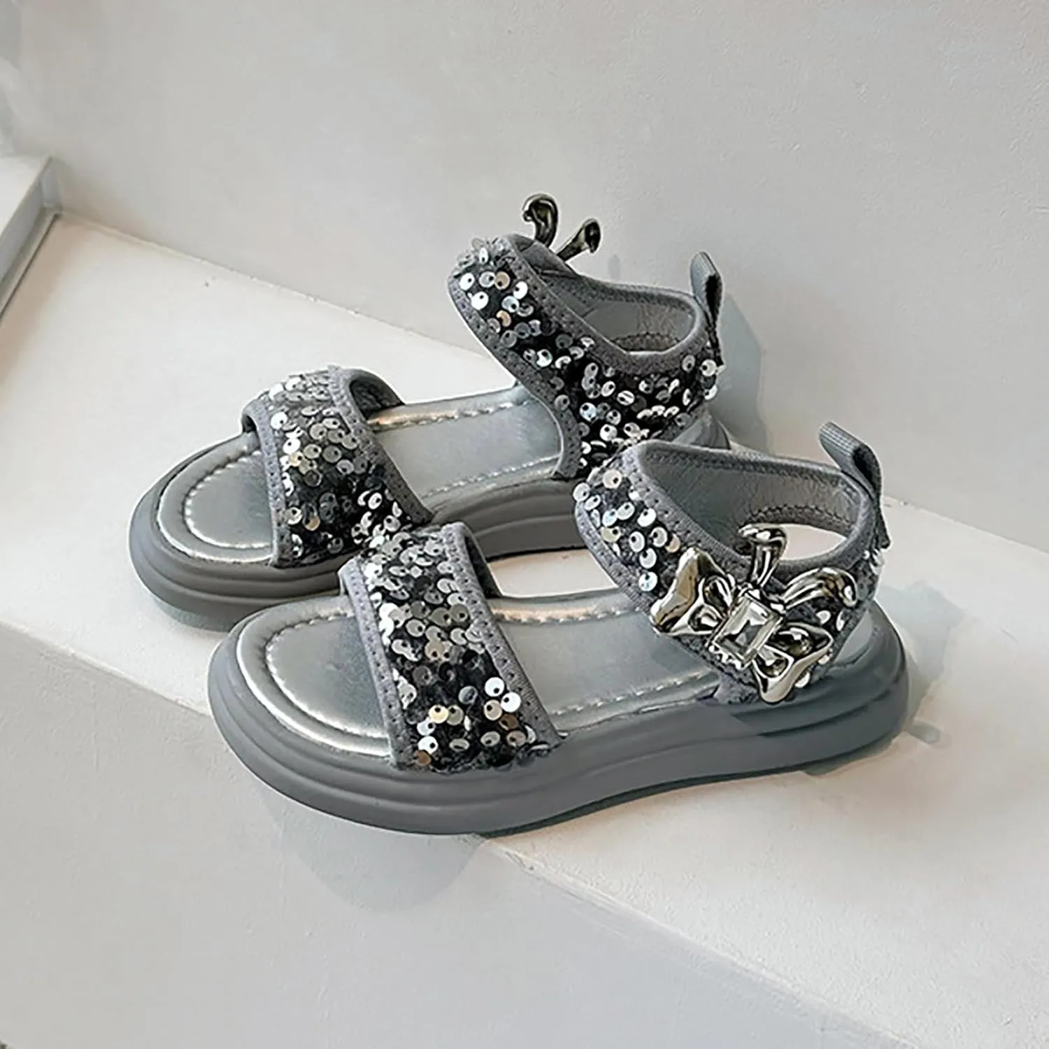 Glitter Sandals For Girls Double Strappy With Ankle Buckle Strap Summer Dress Softy Sole Shoes Girl Sandals