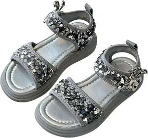 Glitter Sandals For Girls Double Strappy With Ankle Buckle Strap Summer Dress Softy Sole Shoes Girl Sandals