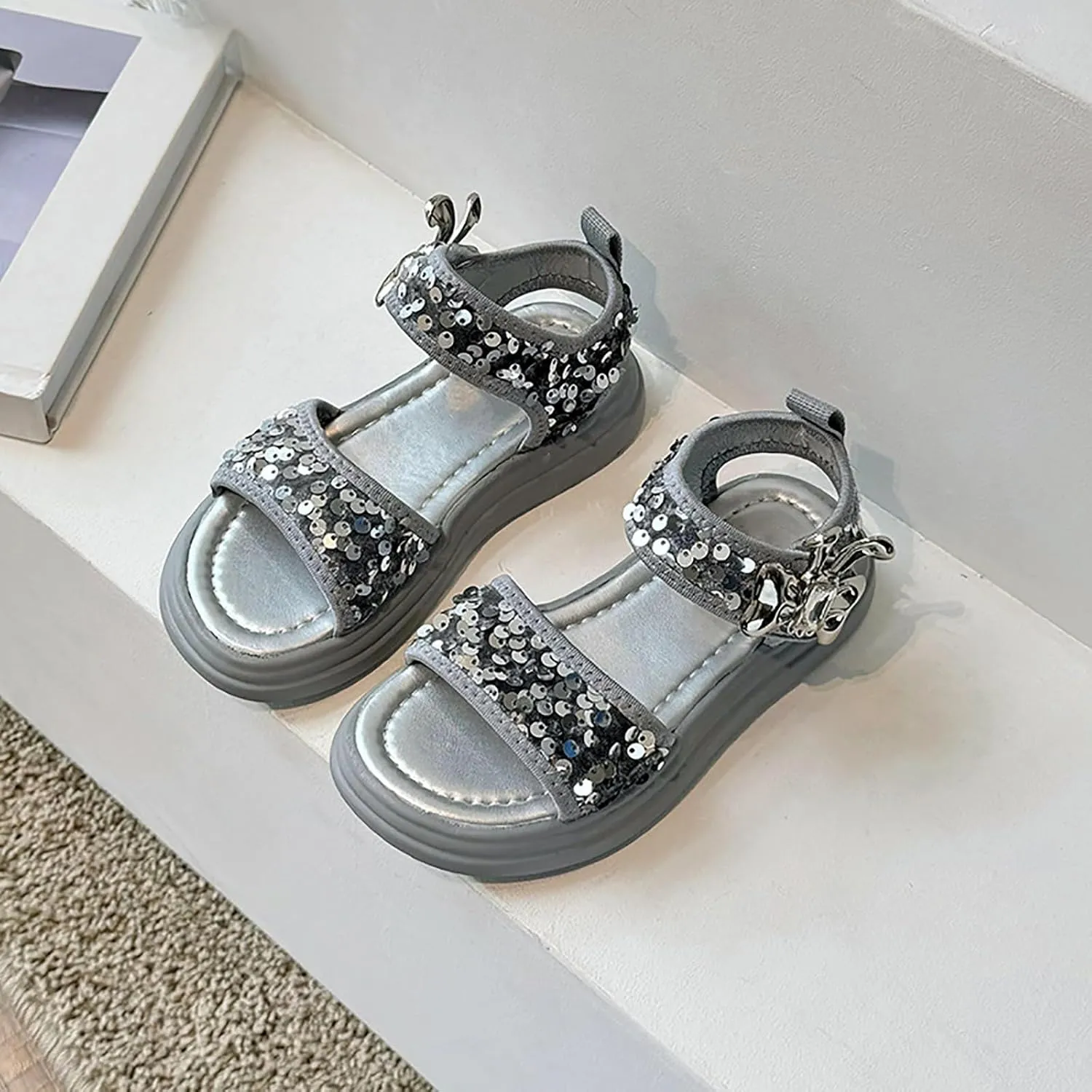 Glitter Sandals For Girls Double Strappy With Ankle Buckle Strap Summer Dress Softy Sole Shoes Girl Sandals