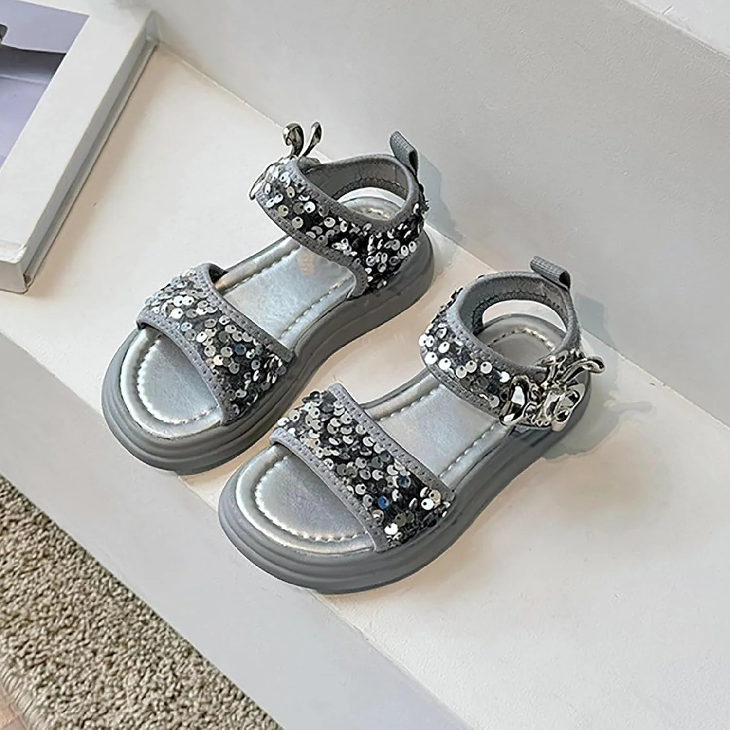 Glitter Sandals For Girls Double Strappy With Ankle Buckle Strap Summer Dress Softy Sole Shoes Girl Sandals