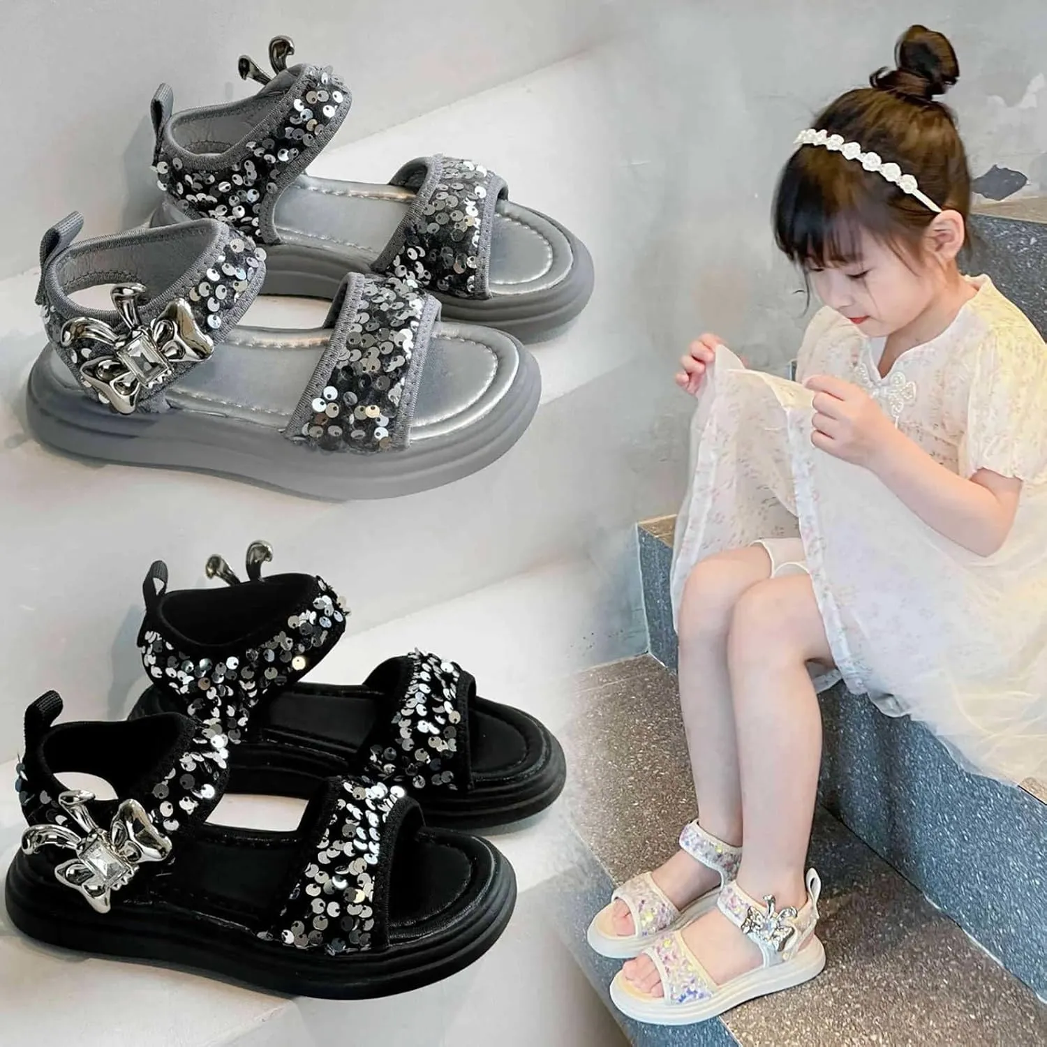 Glitter Sandals For Girls Double Strappy With Ankle Buckle Strap Summer Dress Softy Sole Shoes Girl Sandals