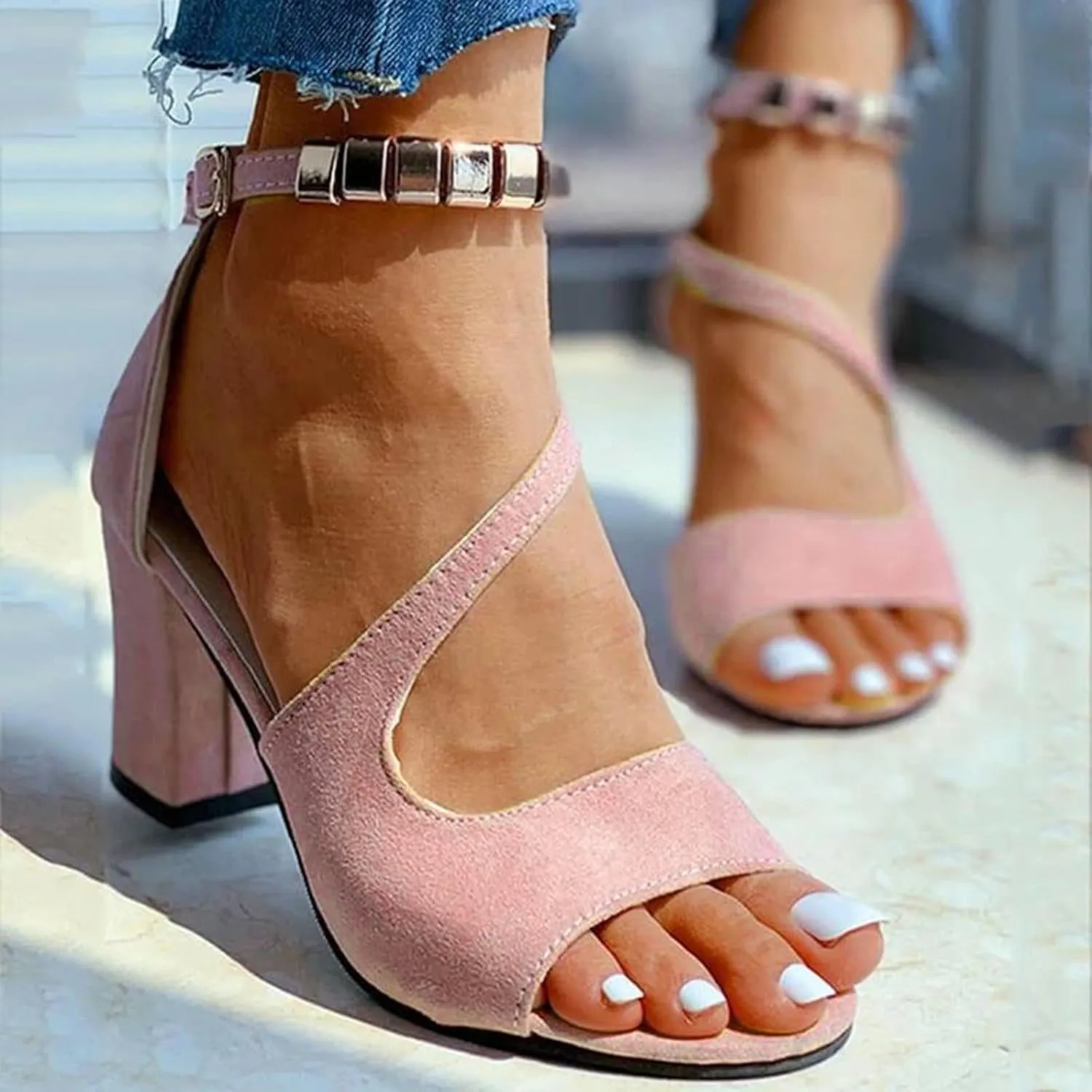 Gold Summer Sandals Women's Sandals Leather Fashion High-Heeled With Glittering Heeled Sandals for Women Closed Toe