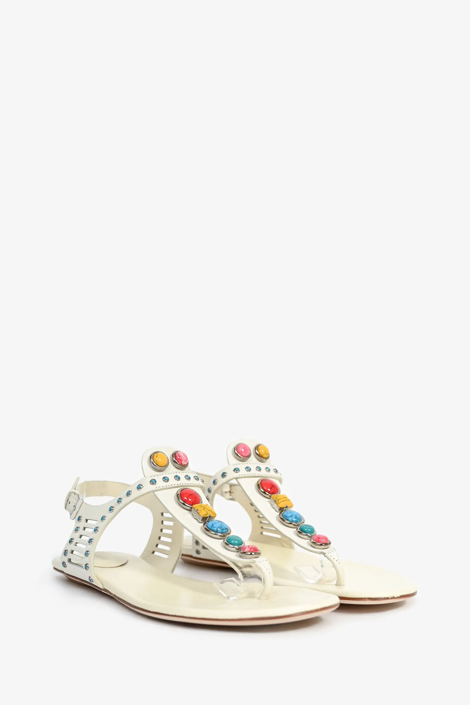 Gucci White/Multicolour Gem T Strap Sandal Size 37.5