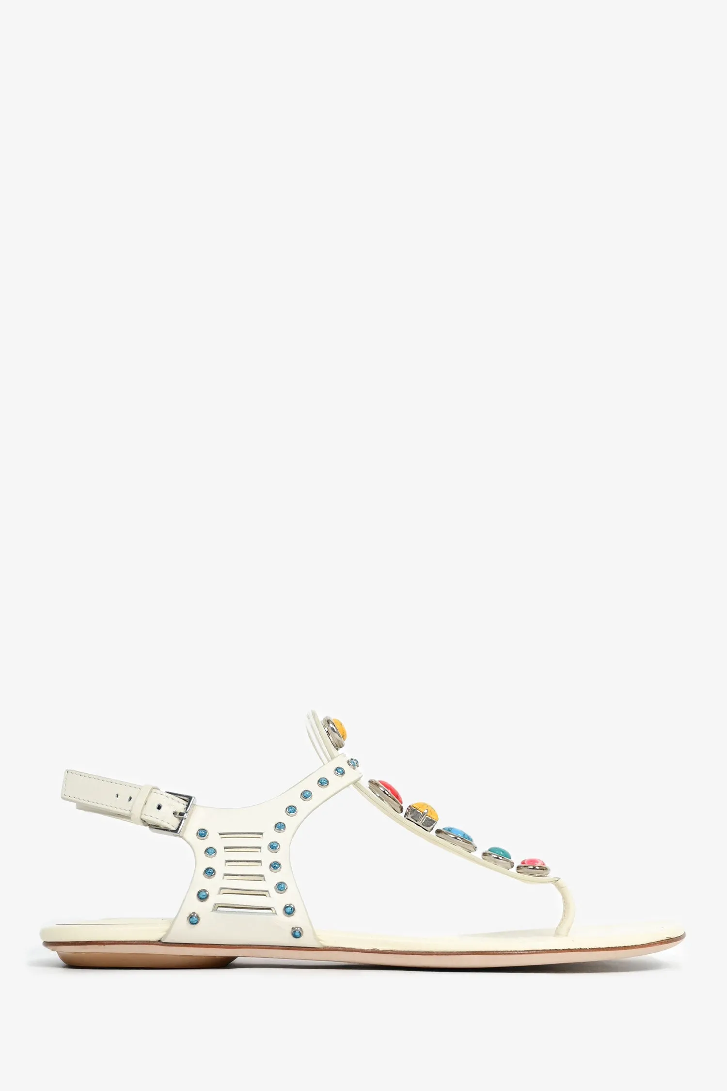 Gucci White/Multicolour Gem T Strap Sandal Size 37.5