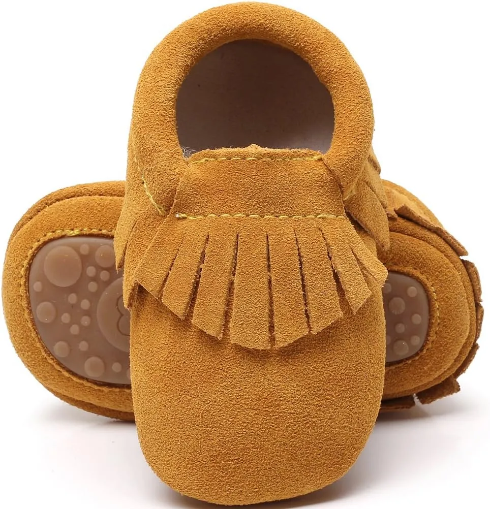 HONGTEYA Leather Baby Moccasins Hard Soled Tassel Crib Toddler Shoes for Boys and Girls…