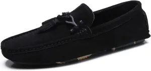 HOOENG Loafer Shoes Driving Moccasins for Men Tassel Suede Vamp Genuine Leather Stitching Details Round Toe Resistant Flat Heel Comfortable Casual Slip on (Color : Black, Size : 9)