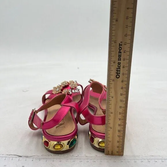Hot Pink Open Toe T Strap Crystal Chunky Heels Ankle Strap Sandal Bridal Shoes