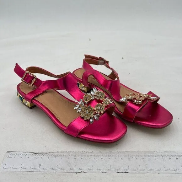 Hot Pink Open Toe T Strap Crystal Chunky Heels Ankle Strap Sandal Bridal Shoes