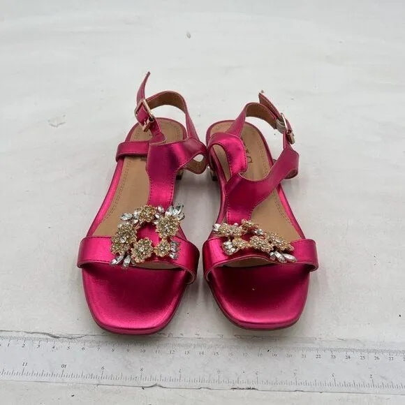 Hot Pink Open Toe T Strap Crystal Chunky Heels Ankle Strap Sandal Bridal Shoes