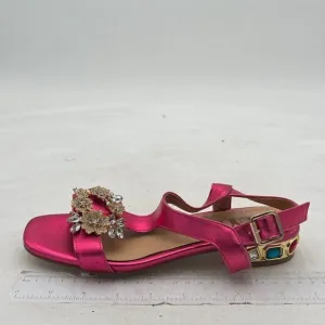 Hot Pink Open Toe T Strap Crystal Chunky Heels Ankle Strap Sandal Bridal Shoes