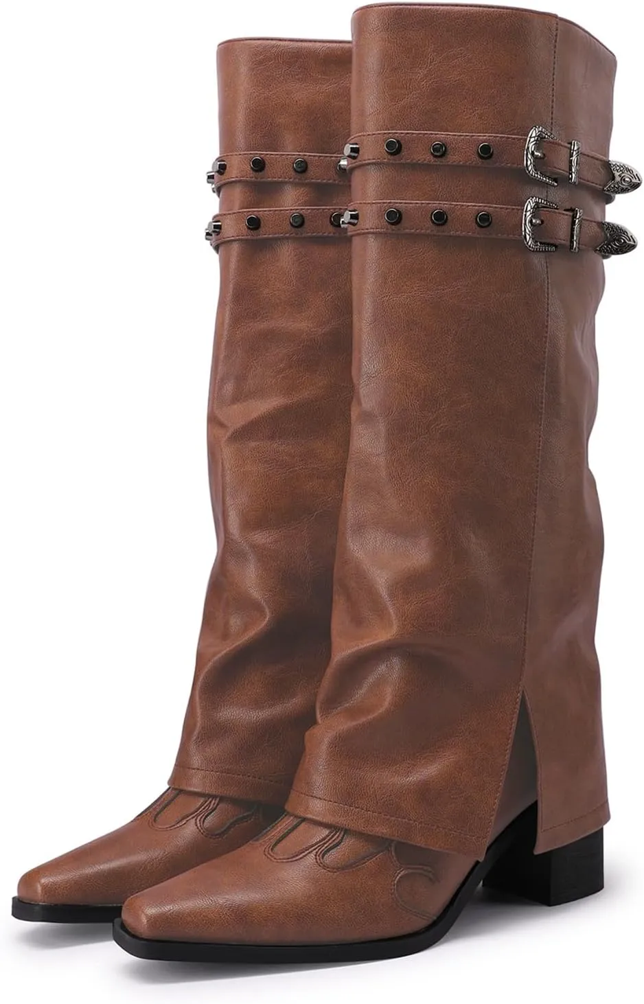 JANSEVEN Fold Over Boots for Women Overlay Knee High Boot Chunky Block Mid Heel Pull On Tall Boots Foldover Wide calf Boots