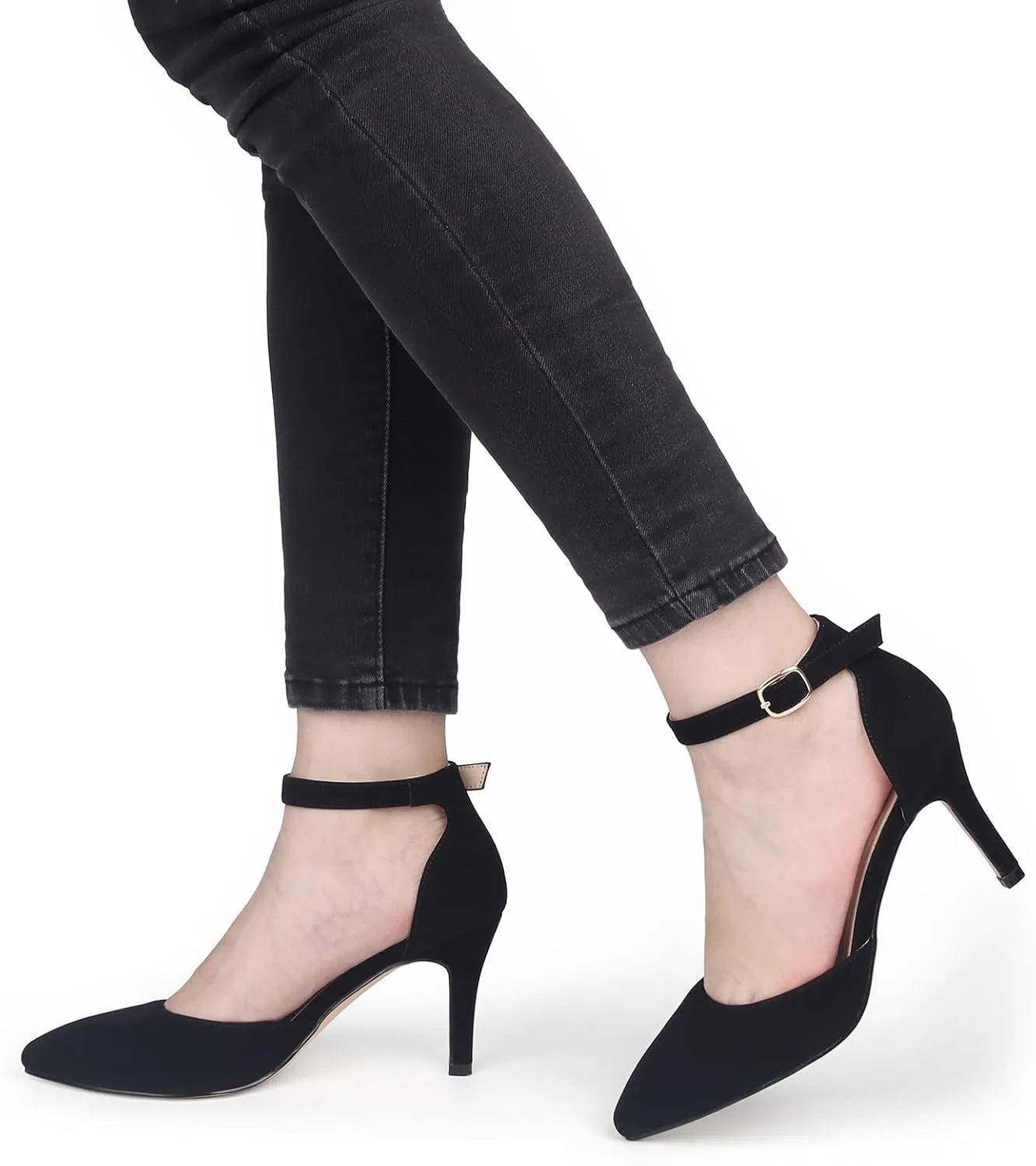 JOY IN LOVE Closed Toe Heels Pumps for Women 3IN Stiletto Pointed Toe Ankle Strap Heels
