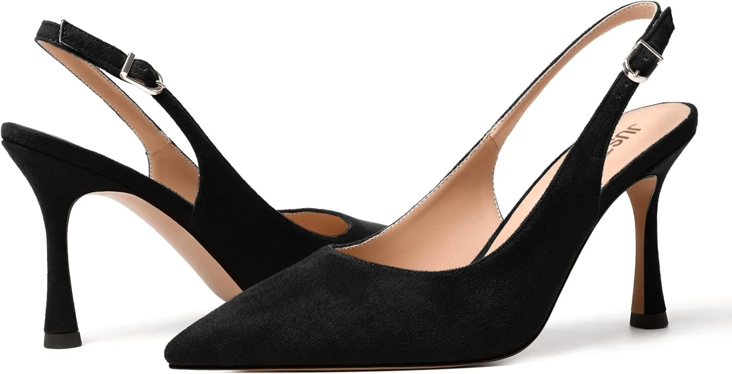 JUSTDANNI Womens Slingback Suede Pointed Toe Wedding Dress Buckle Comfortable Stiletto High Heel Pumps Shoes 3.3 Inch