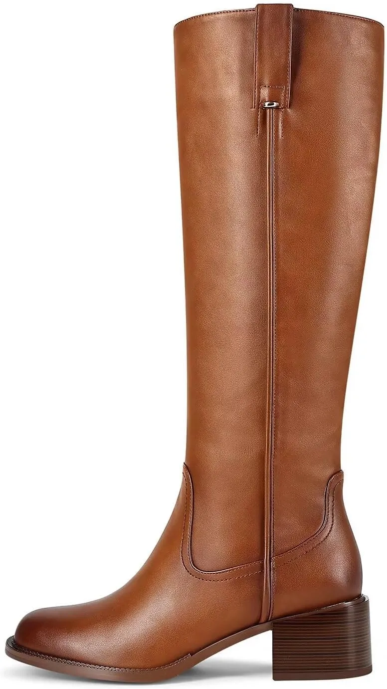 Knee High Boots For Women Chunky Heel Round Toe Leather Patent Boots Low Block Heel Tall Boots With Side Zipper