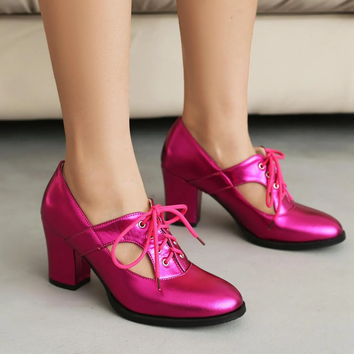 KysBloes Women Chunky Heel Oxford Shoes Lace Up Closed Toe Vintage Saddle Shoes Metallic Glitter Mid Heel Cut Out Booties