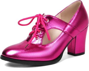 KysBloes Women Chunky Heel Oxford Shoes Lace Up Closed Toe Vintage Saddle Shoes Metallic Glitter Mid Heel Cut Out Booties