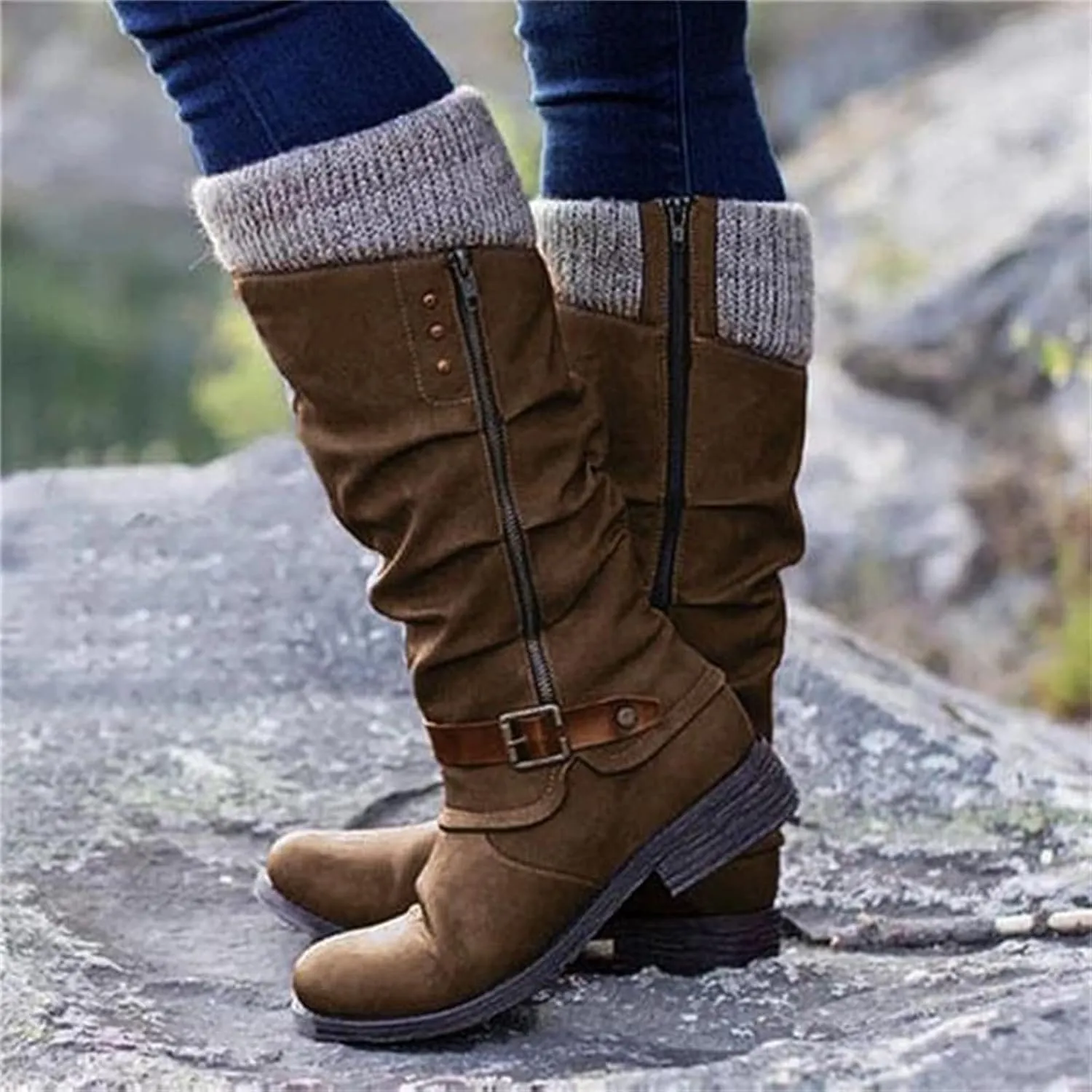 Lausiuoe Boots For Women Low Heel Mid Calf Warm Thermal Outdoor Walking Snow Winter Boots Chunky Side Zip Western Cowboy Boots