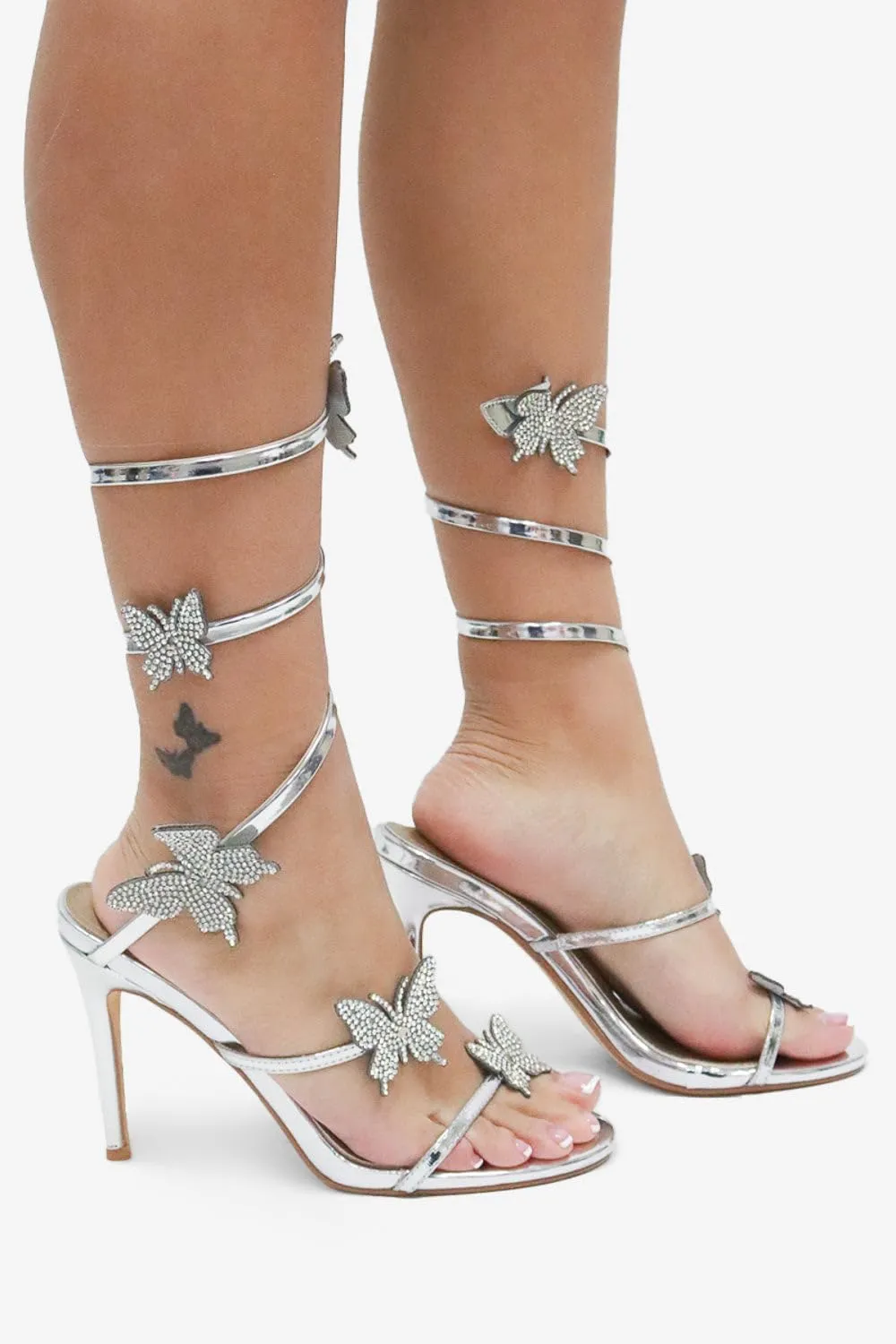 Lemonade Women's Sweet Utopia Rhinestone Butterfly Detail Spiral Coil Wrap Around Stiletto Heels