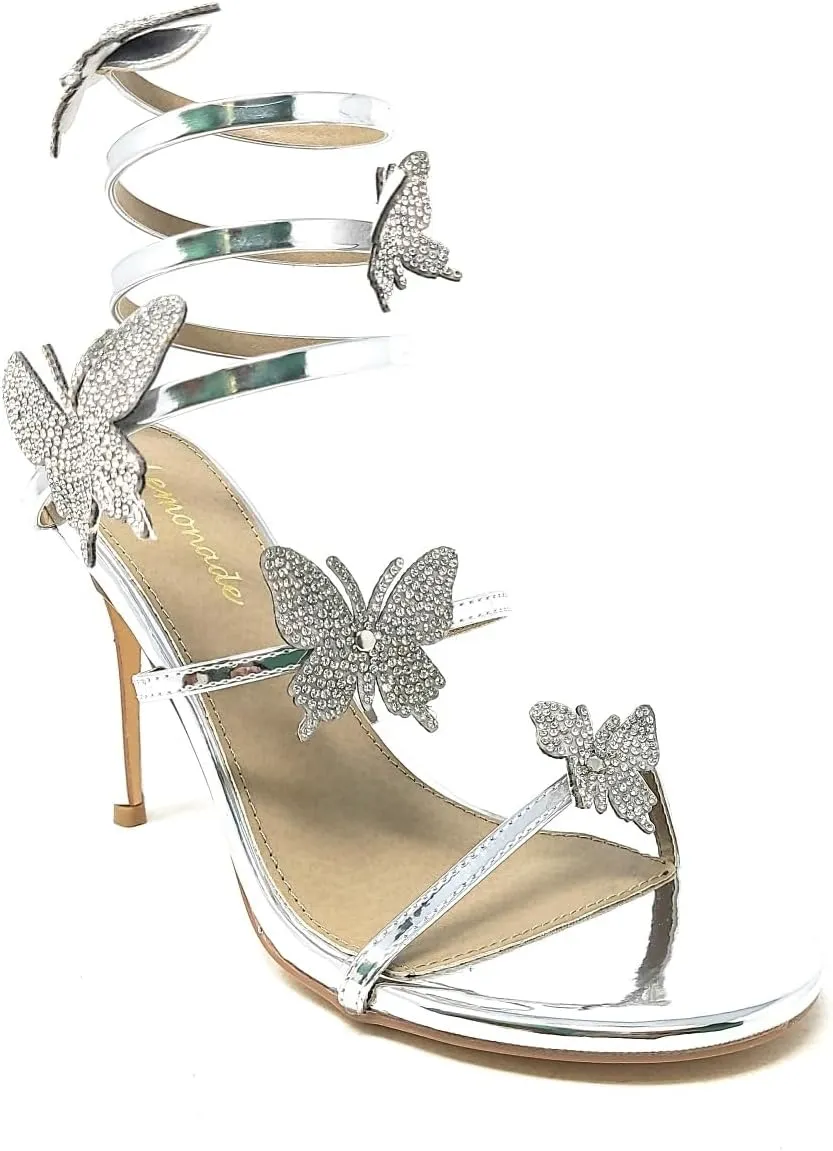 Lemonade Women's Sweet Utopia Rhinestone Butterfly Detail Spiral Coil Wrap Around Stiletto Heels