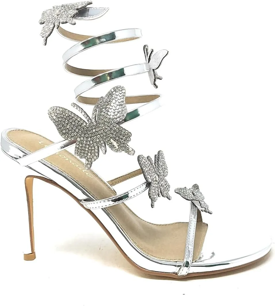 Lemonade Women's Sweet Utopia Rhinestone Butterfly Detail Spiral Coil Wrap Around Stiletto Heels
