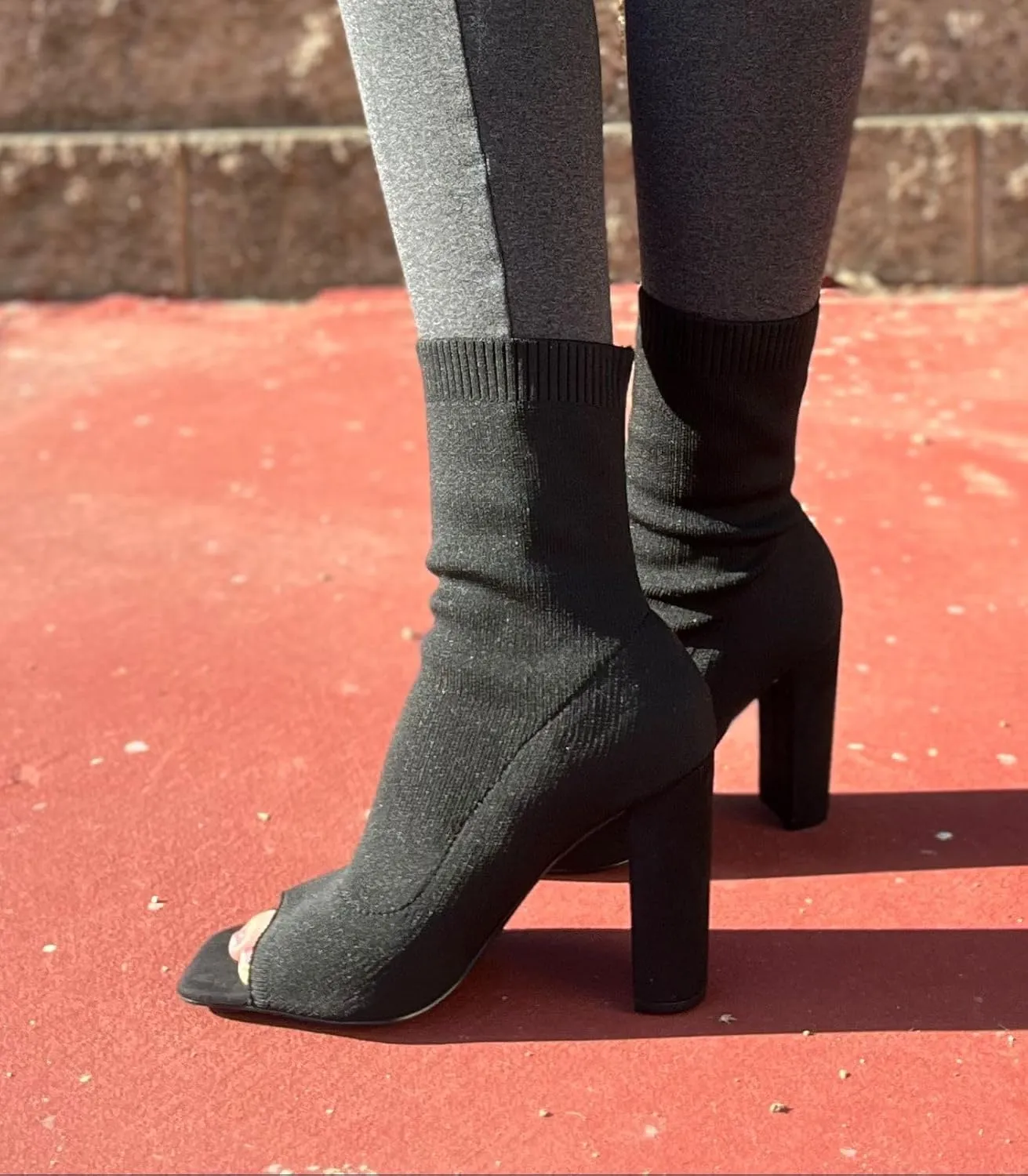 Liliana Women's Knit Stretch Peep Toe Chunky Heel Ankle Bootie