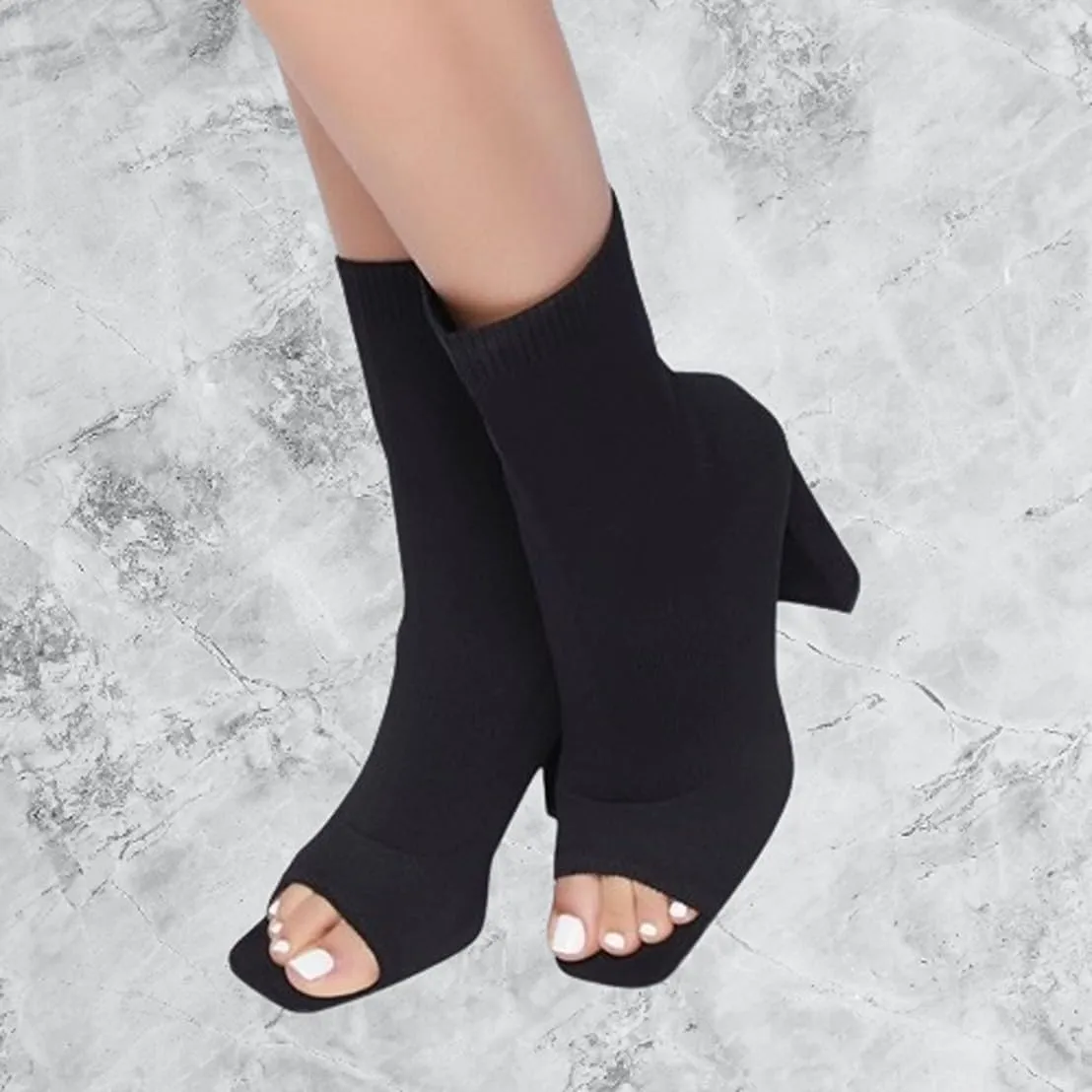 Liliana Women's Knit Stretch Peep Toe Chunky Heel Ankle Bootie