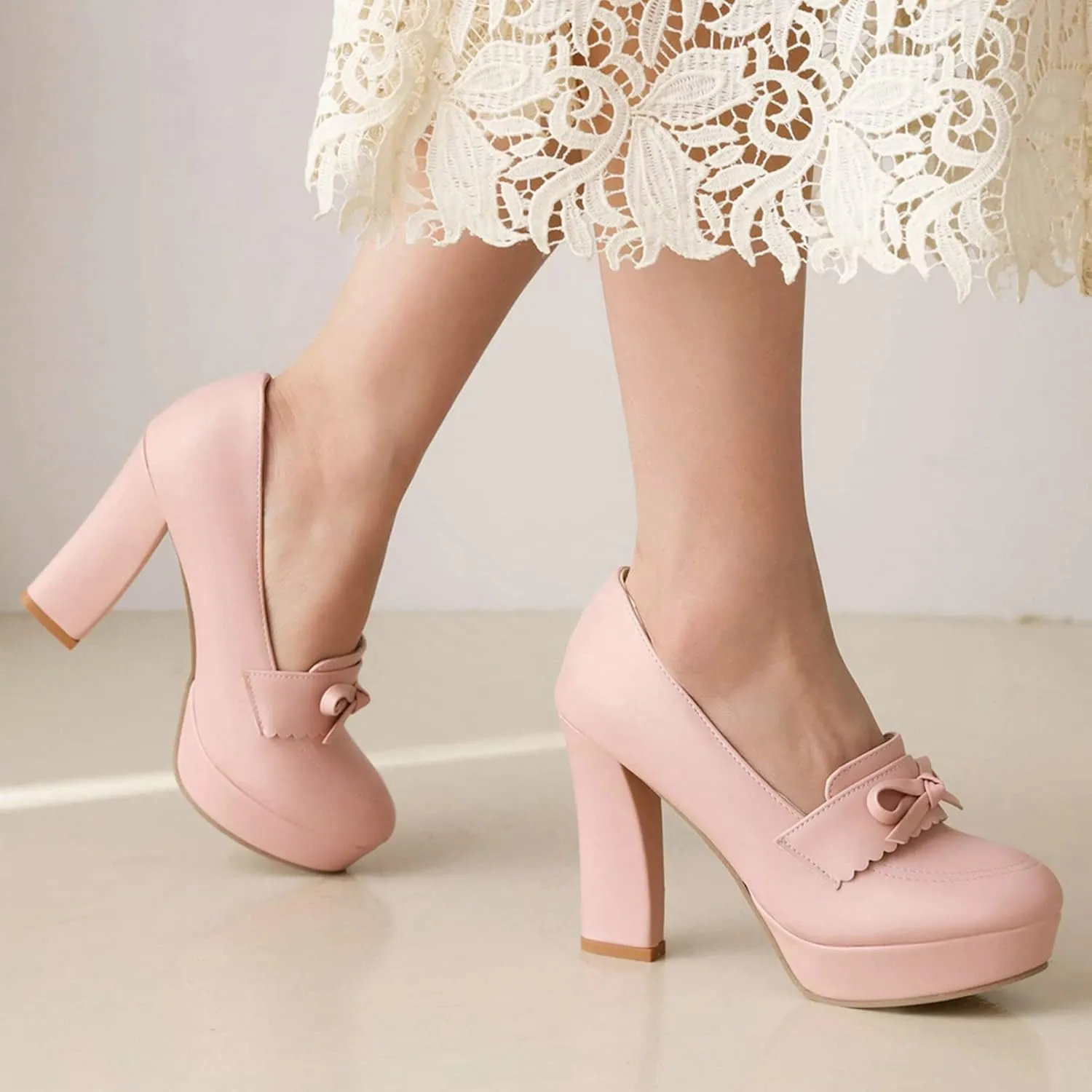 LUXMAX Women Block Heel Platform Pumps Bow Chunky High Heel Pumps