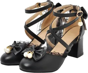 LUXMAX Womens Bow Pumps Cross Strap Block Heel Cute Cosplay Shoes
