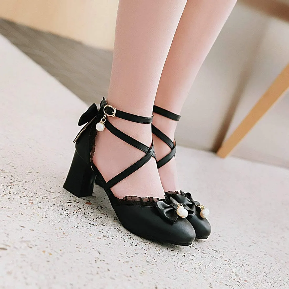 LUXMAX Womens Bow Pumps Cross Strap Block Heel Cute Cosplay Shoes