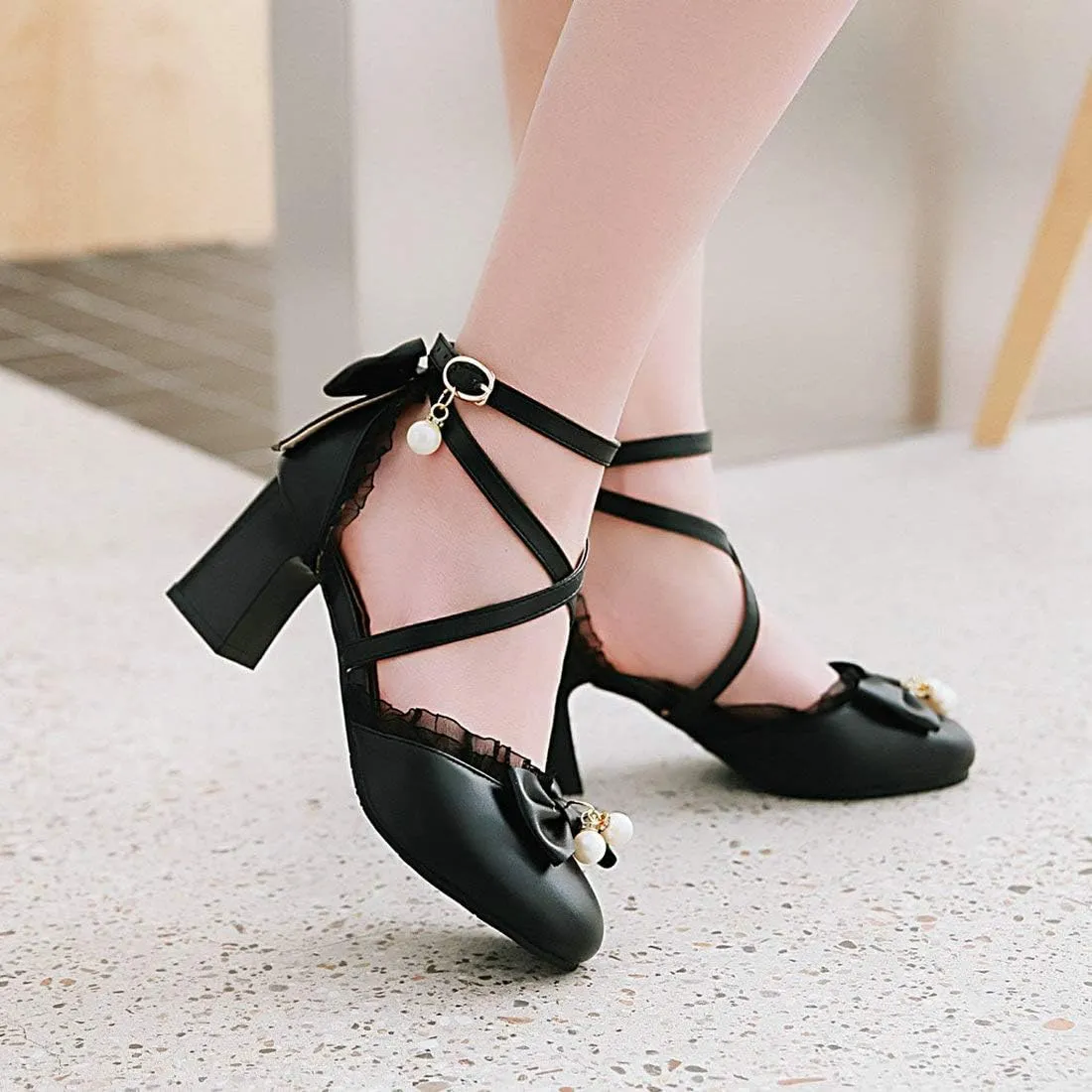 LUXMAX Womens Bow Pumps Cross Strap Block Heel Cute Cosplay Shoes