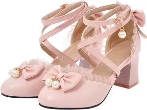 LUXMAX Womens Bow Pumps Cross Strap Block Heel Cute Cosplay Shoes