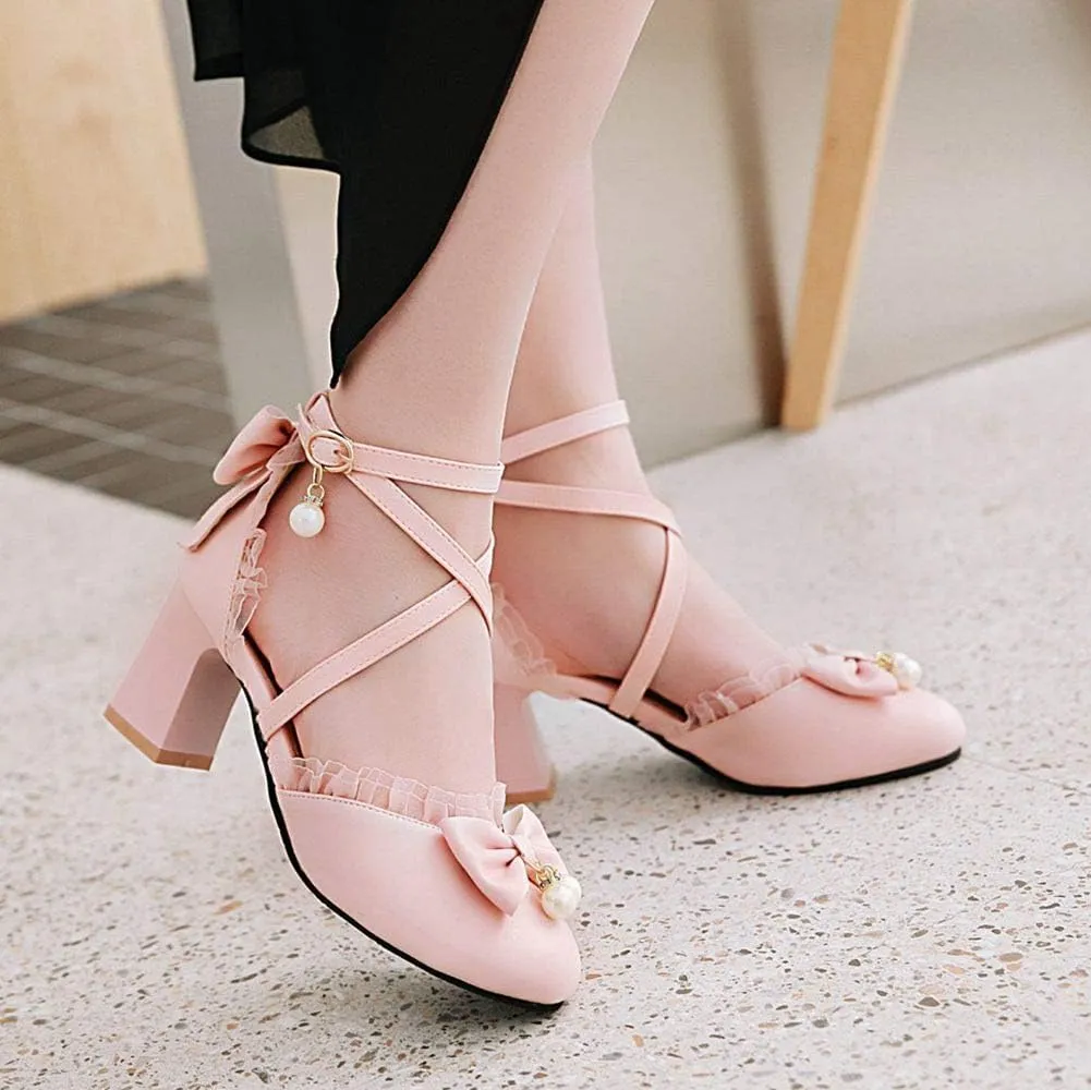 LUXMAX Womens Bow Pumps Cross Strap Block Heel Cute Cosplay Shoes