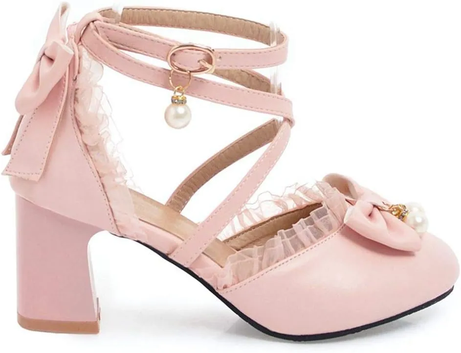 LUXMAX Womens Bow Pumps Cross Strap Block Heel Cute Cosplay Shoes