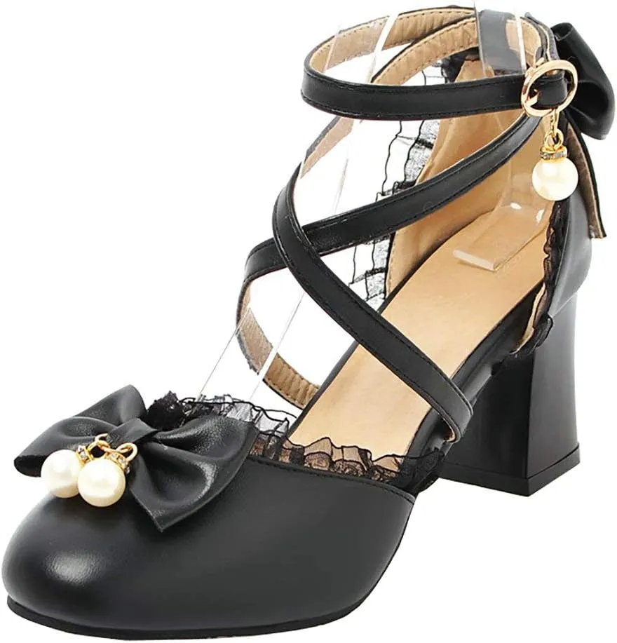 LUXMAX Womens Bow Pumps Cross Strap Block Heel Cute Cosplay Shoes