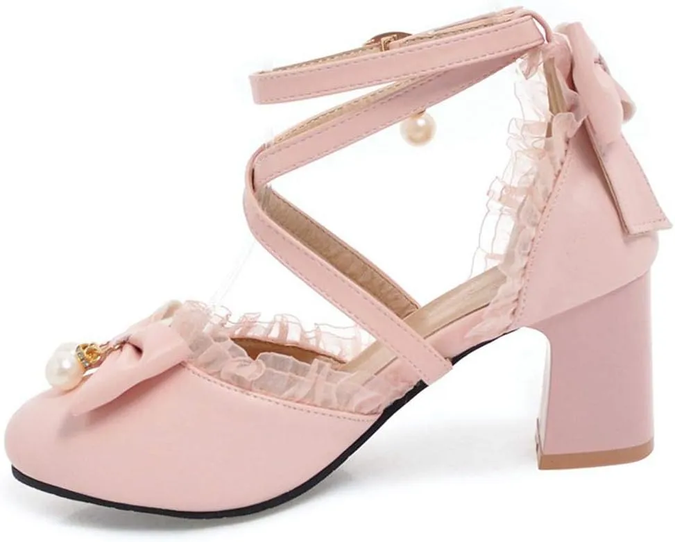 LUXMAX Womens Bow Pumps Cross Strap Block Heel Cute Cosplay Shoes