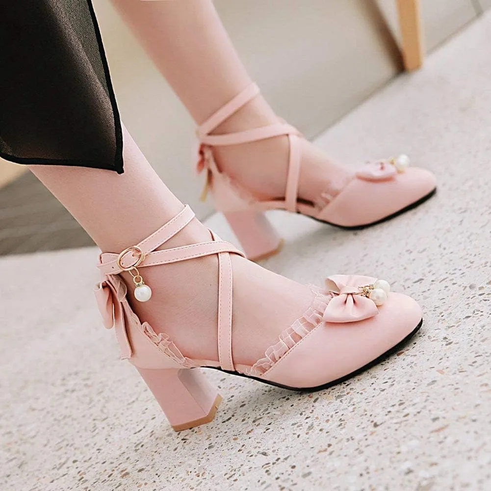 LUXMAX Womens Bow Pumps Cross Strap Block Heel Cute Cosplay Shoes