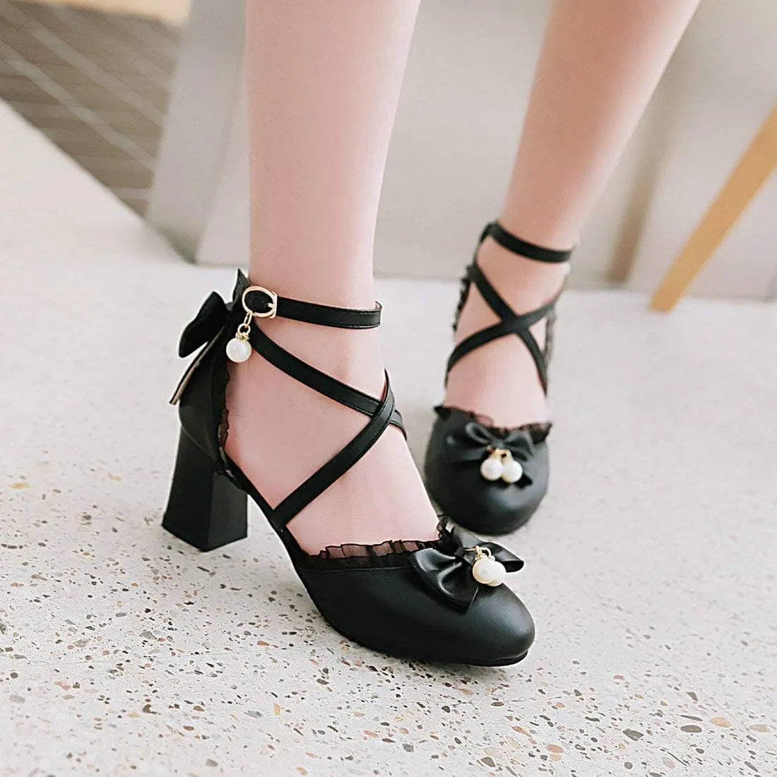 LUXMAX Womens Bow Pumps Cross Strap Block Heel Cute Cosplay Shoes