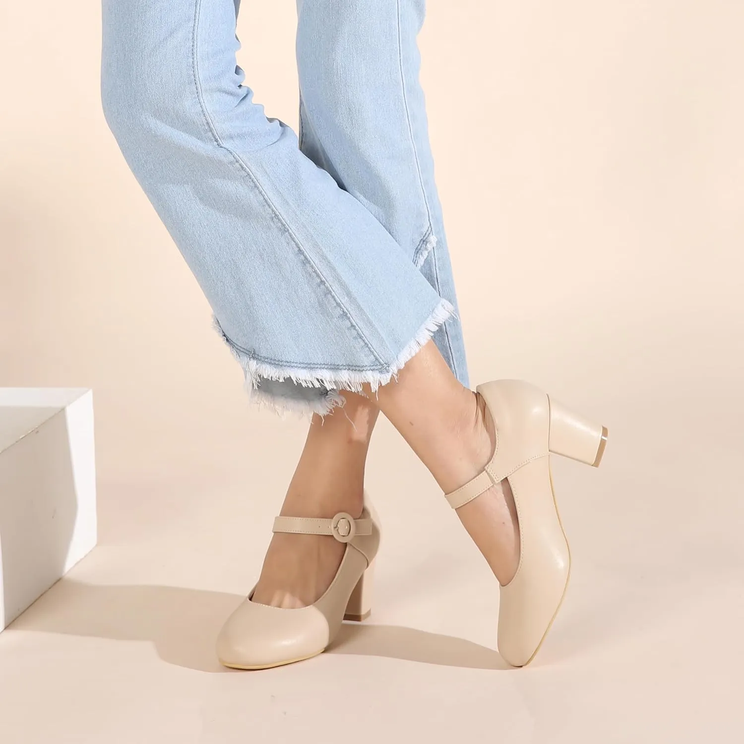 Mary Jane Shoes Women Chunky Heel Pumps Closed Round Toe Ankle Strap Block Heels Comfortable Work Wedding Dress Vintage 1920s Shoes